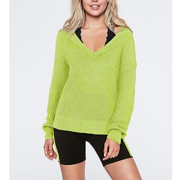 Victoria's Secret PINK Heritage Sweater S Lime Green V-Neck Cotton Cable Knit - Picture 1 of 11